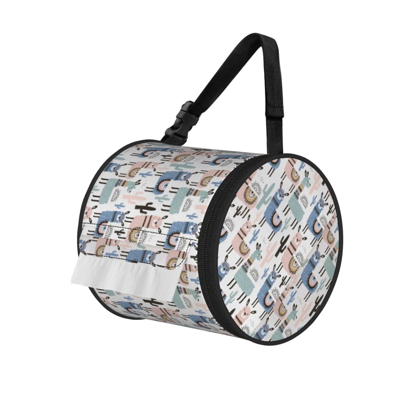 Llama Alpaca Cactus Print Round Paper Tissue Holder With Shoulder Strap, Portable Roll Case For Caravan Travel Use