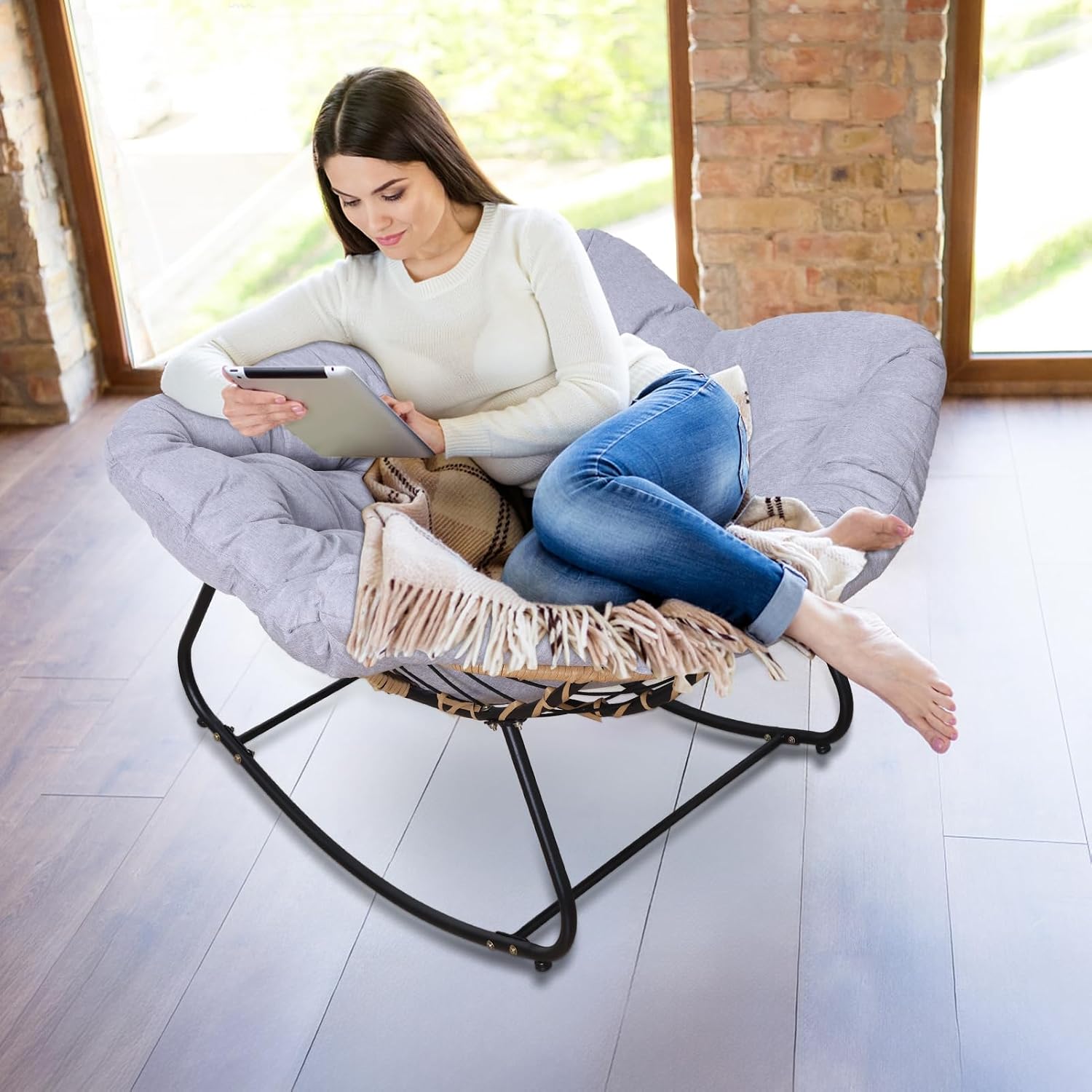 Modern Patio Rocking Chair, Oversized Cushion, Metal Frame, Powder Coated, Grey, Comfortable Reading & Relaxing, Outdoor Use