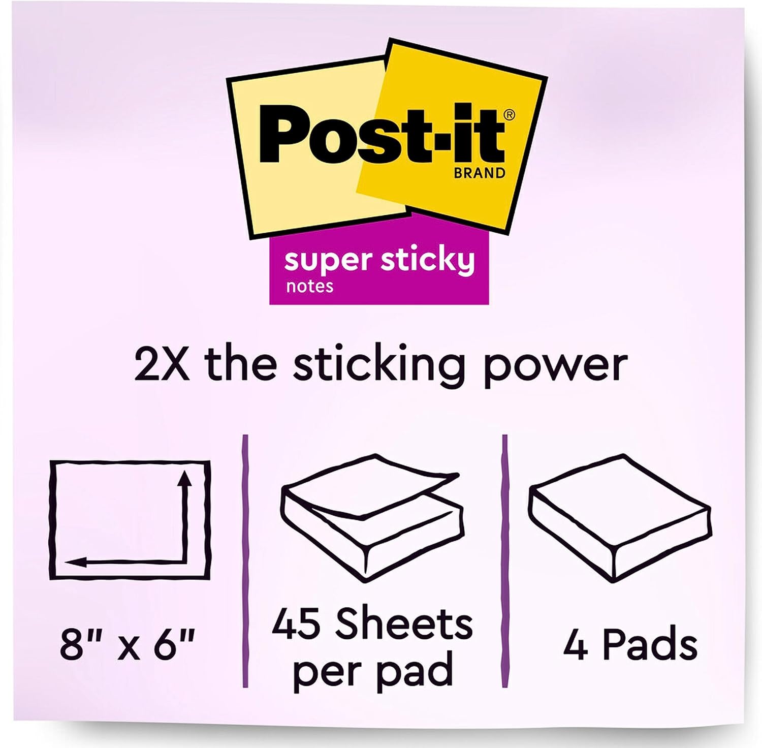 Post-it Super Sticky Notes, 8x6 in, 4 Pads, 2x the Sticking Power, Energy Boost Collection, Bright Colors, Recyclable (6845-SSPL)