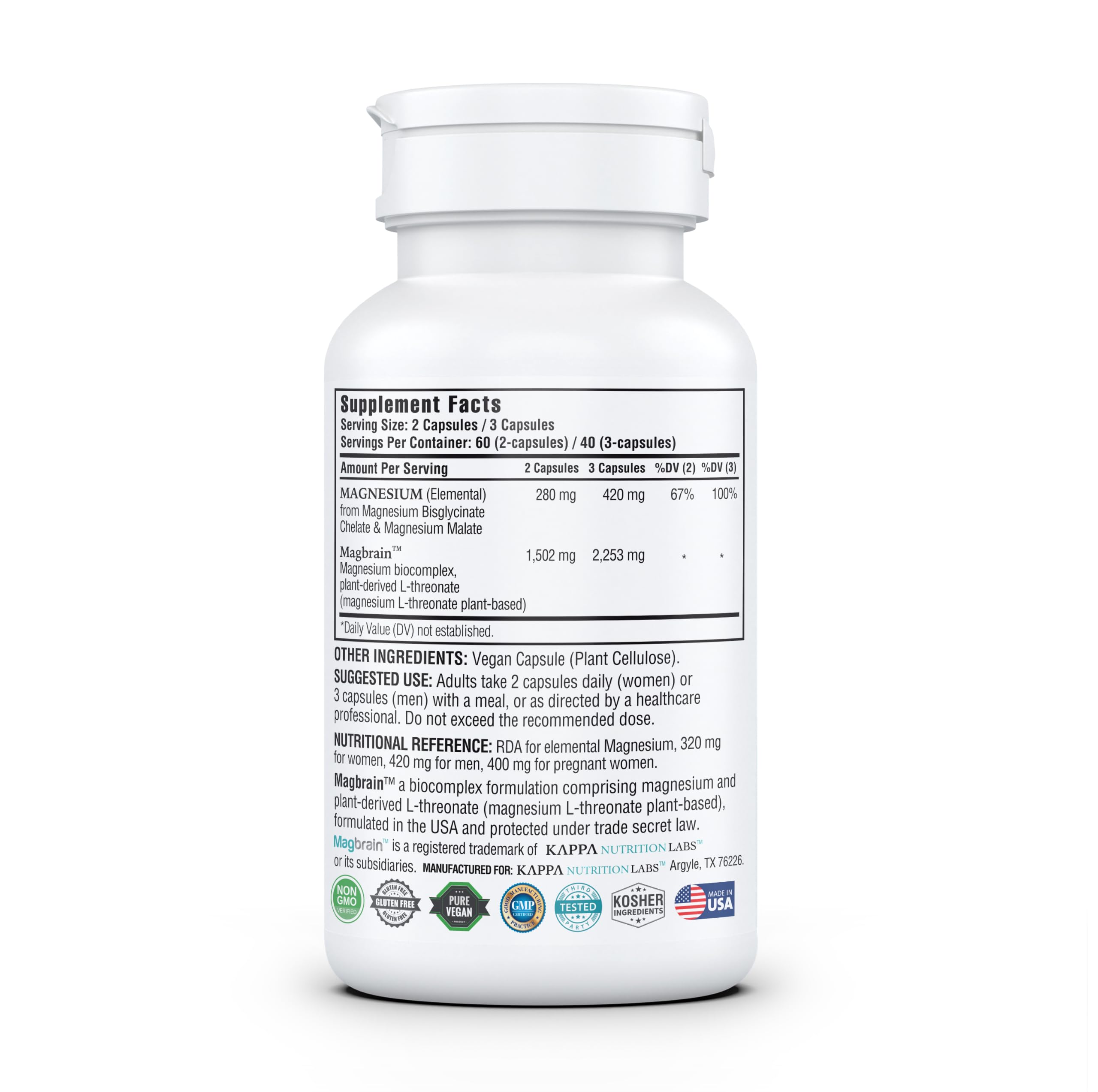 Kappa Nutrition Powered by Magbrain™ Magnesium L-Threonate Plant-Based, 420mg Elemental Magnesium (3 Capsules) from 2,253mg, 120 Vegan Capsules, Brain, Sleep & Muscle Support. — Amazon image 12