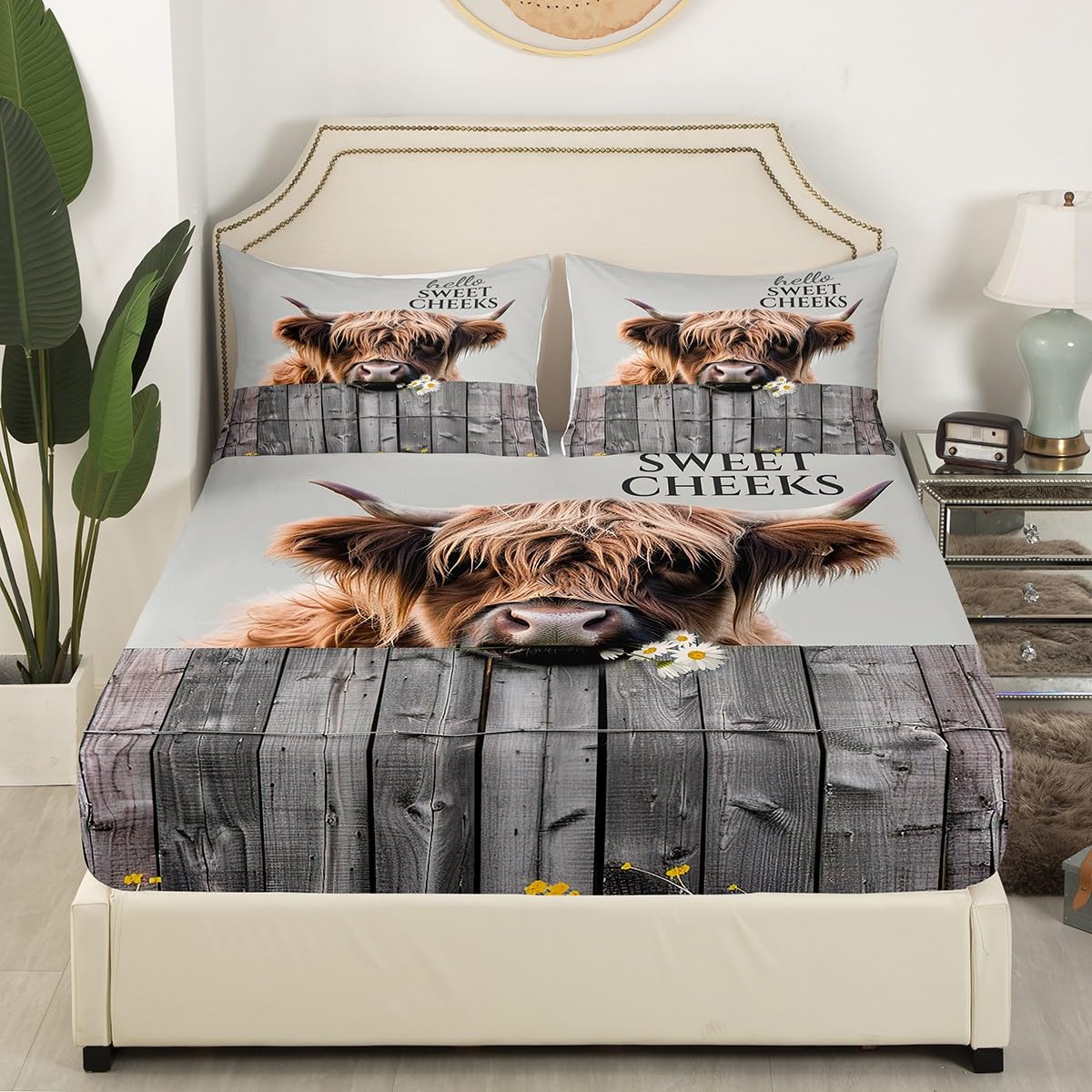 Erosebridal King Size Sheet Set 4pc - Highland Cow & School Bus Print, Soft Microfiber, Yellow Green - View #6