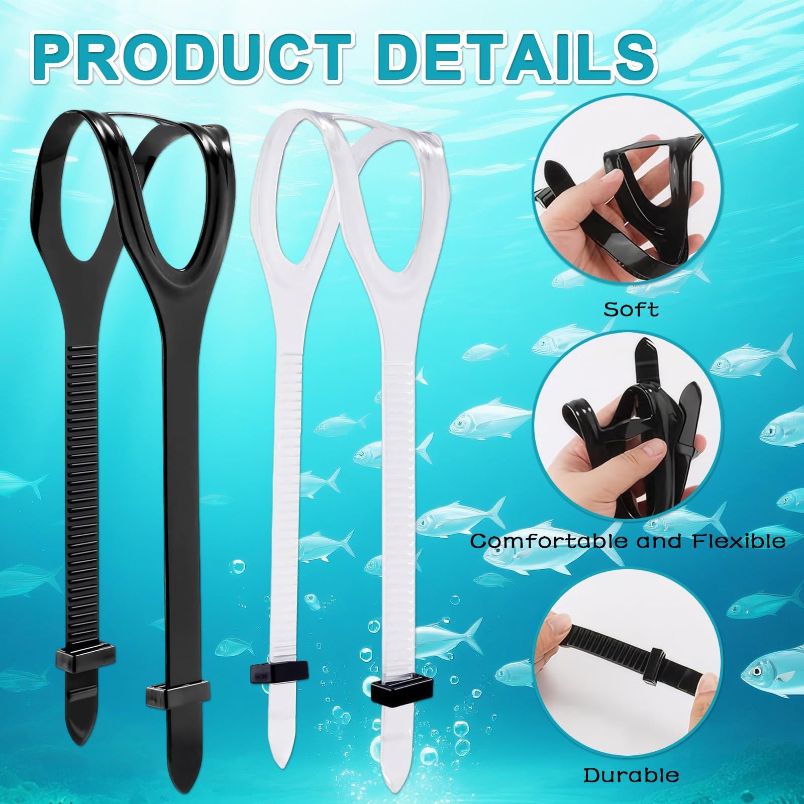 Cinghie per maschera subacquea, cinghie regolabili in silicone per immersioni, snorkeling e maschere subacquee, morbide e resistenti, 2 pezzi, bianco/nero, 56 x 1,8 cm - 4