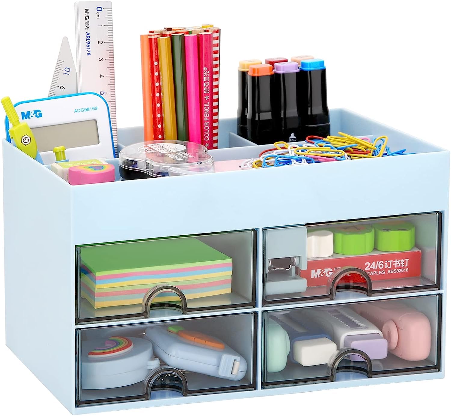 Desk Organizer with Drawer, Desktop Organizer With Pencil Holders, Plastic Desktop Storage Box, Office Stationery Supplies Organizers for Office, Home, School (Blue)