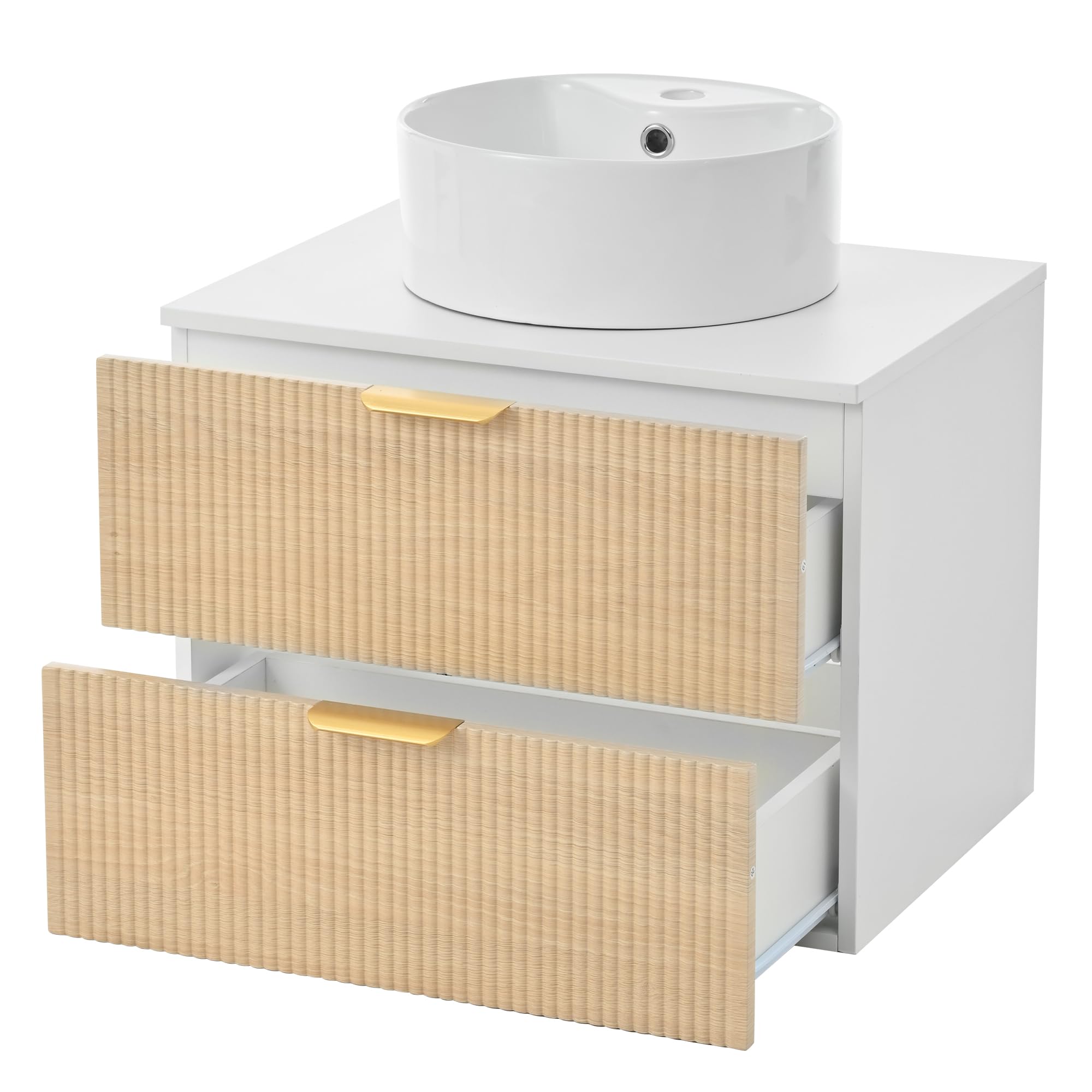 Mueble de baño redondo de cerámica de 60 cm montado en la pared con cajones de madera con diseño de rayas, tablero MDF, capacidad de almacenamiento: 2 cajones + encimera, madera natural