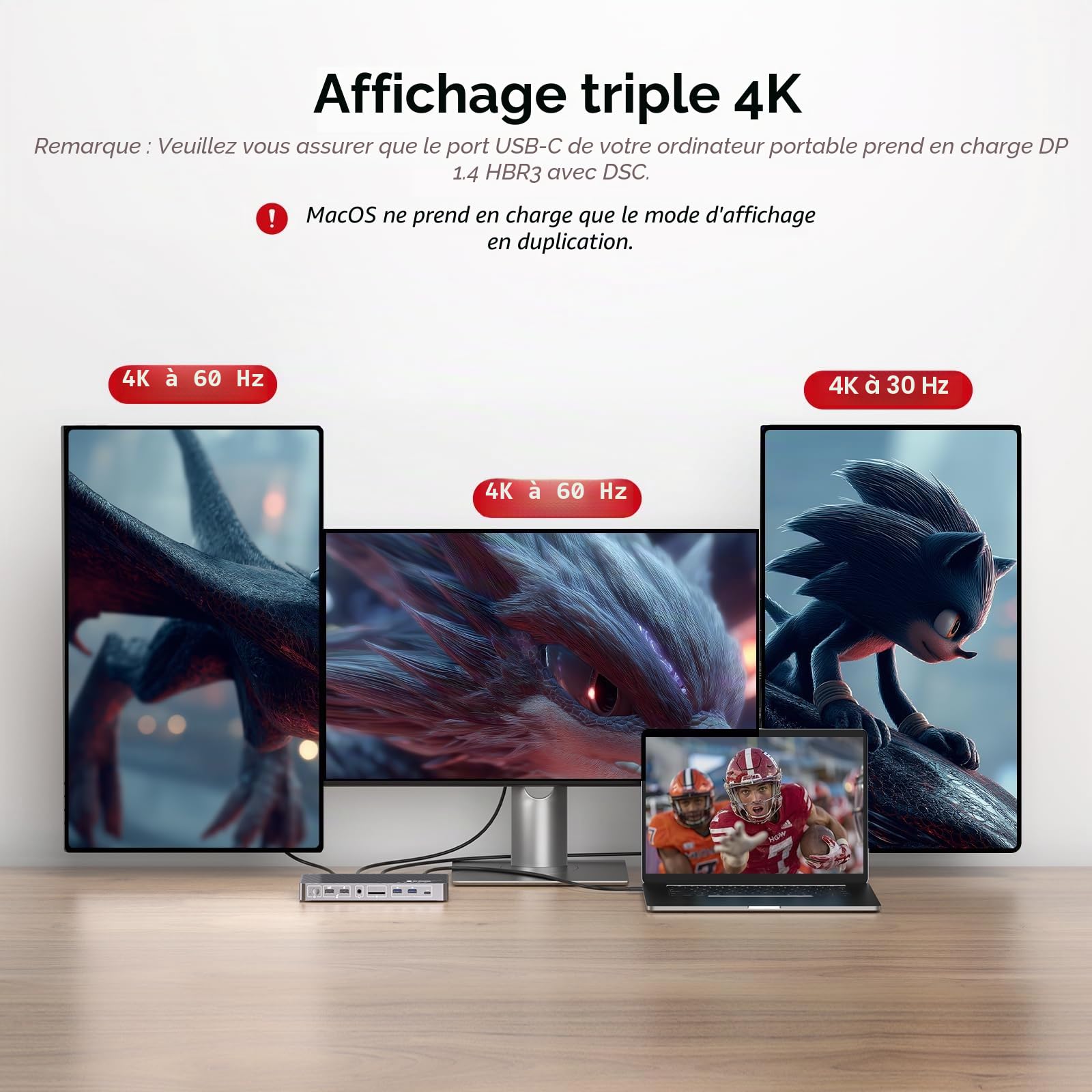Station d'accueil 13-en-1 Laptop Docking Station, Triple Affichage, 4K HDMI et 2 x DP, Charge 100W pour Laptop, USB C/A 10 Gbps, Ethernet, Audio, SD, USB C pour MacBook/Chrome/Dell/HP/Lenovo, KD-S03