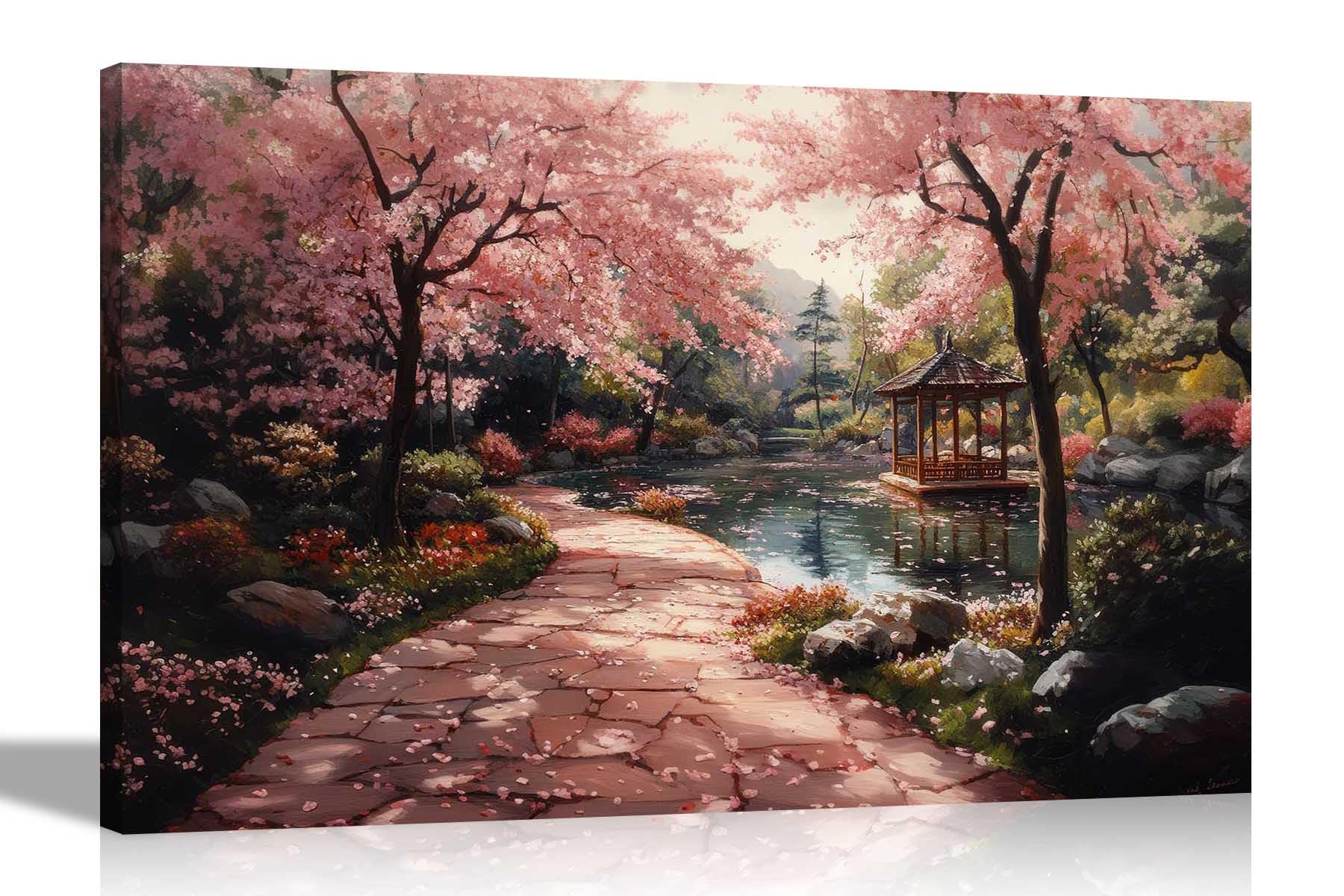 Artley Prints Autumn Japanese Garden - Pink Paradise: Autumn Garden Colourful Canvas Wall Art For Bedroom Hallway Living Room Prints Ready To Hang Large 86 X 61Cm (34 X 24 Inches) A1