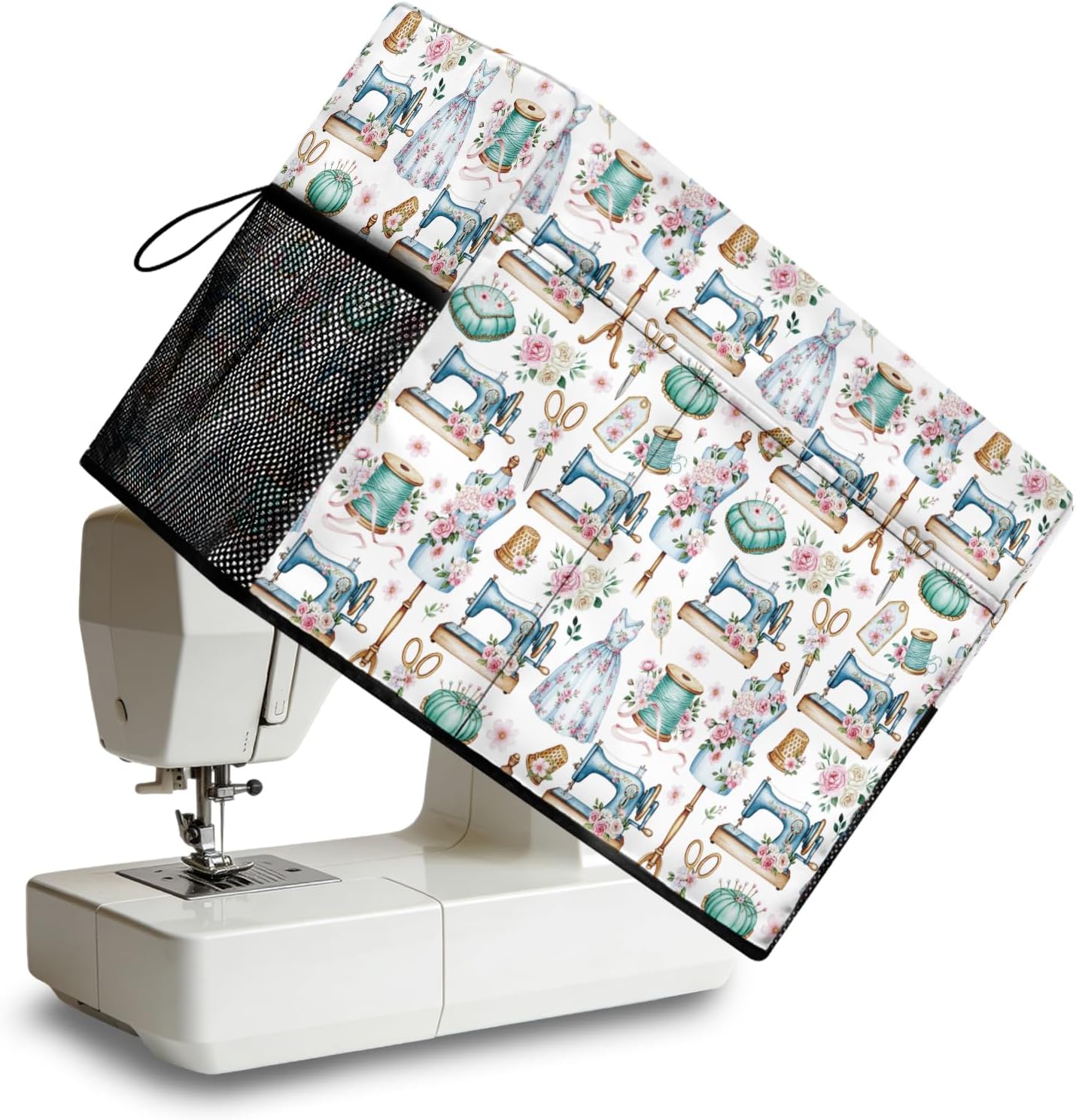 peacoblue Sewing Machine Cover with Storage Pockets,Sewing with Flowers Sewing Machine Dust Covers for Standard Machines,Protective & Decorative Sewing Machine Case