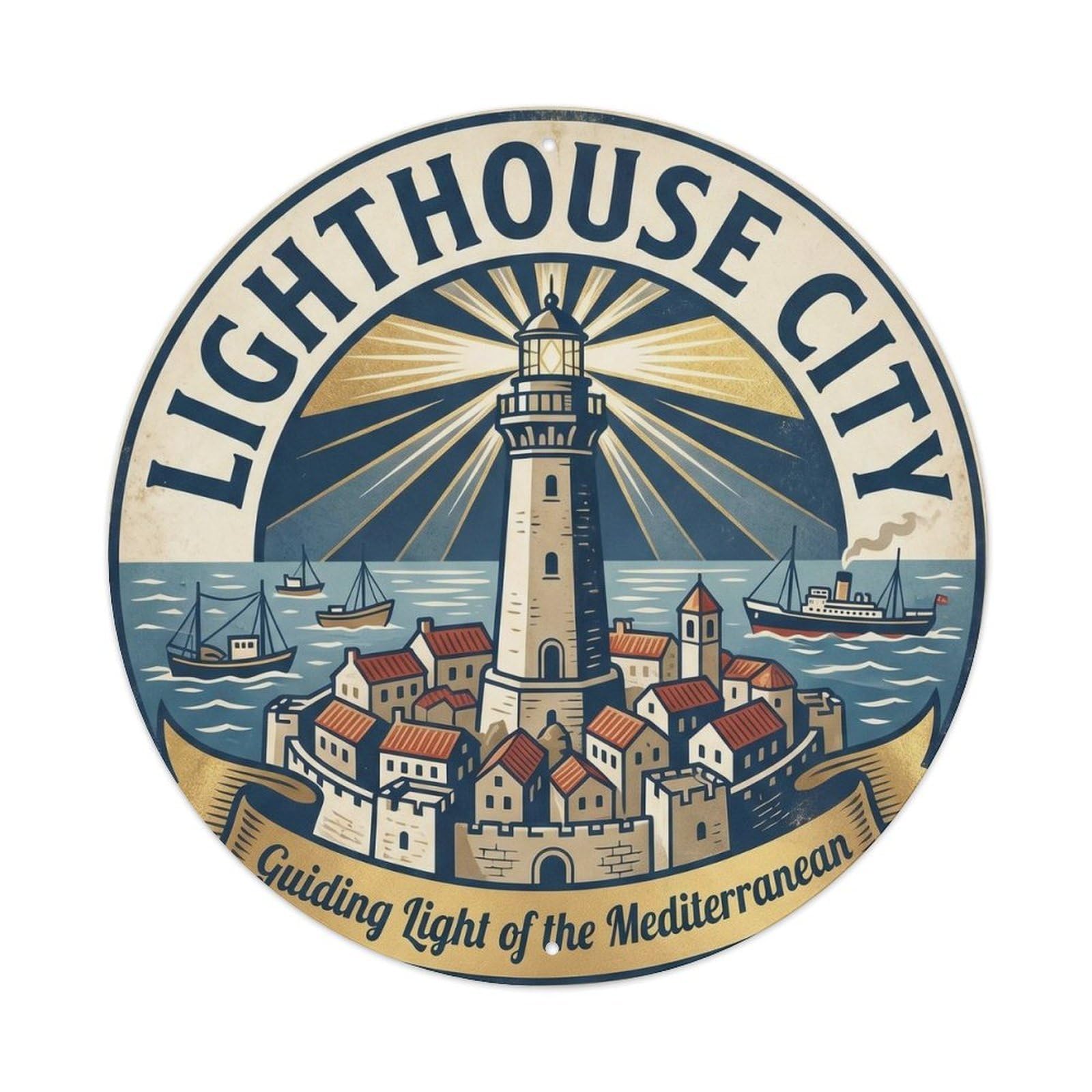 Italy Lighthouse City Vintage Cityscape Mediterranean Landmark Metal Tin Sign Plaque Wall Decor for Cafe, Man Cave, Club Bar, Office, Home Garden Round Metal Poster 8x8Inch