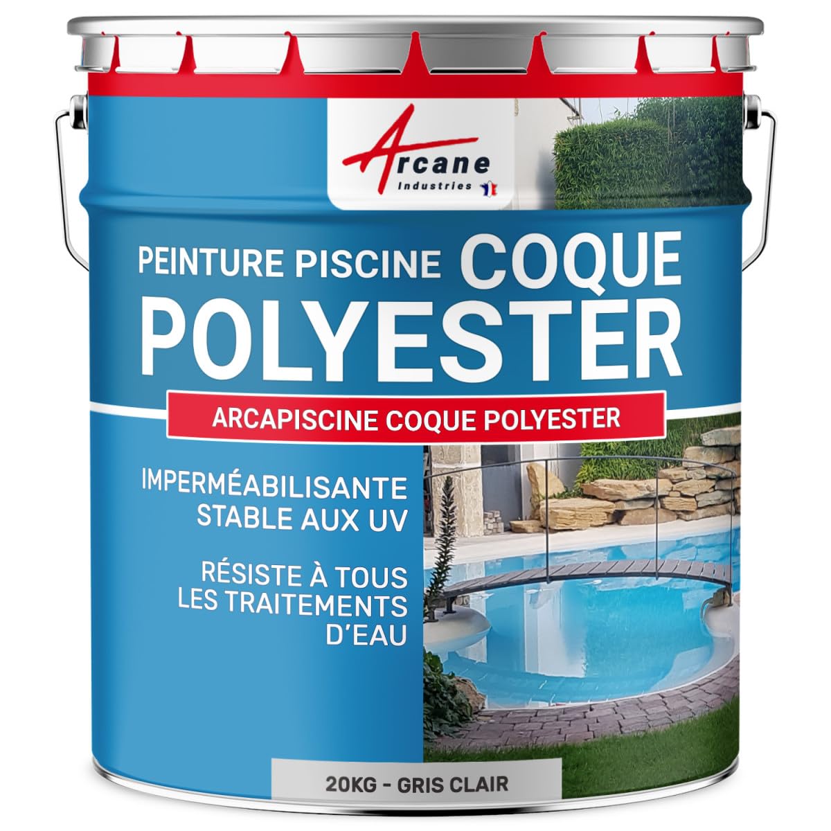 ARCANE INDUSTRIES Peinture Piscine Coque Polyester, Peinture Hydrofuge imperméabilisante, Piscine et Bassin - 20 kg (jusqu'à 65m² en 2 Couches) Gris Clair - RAL 7035