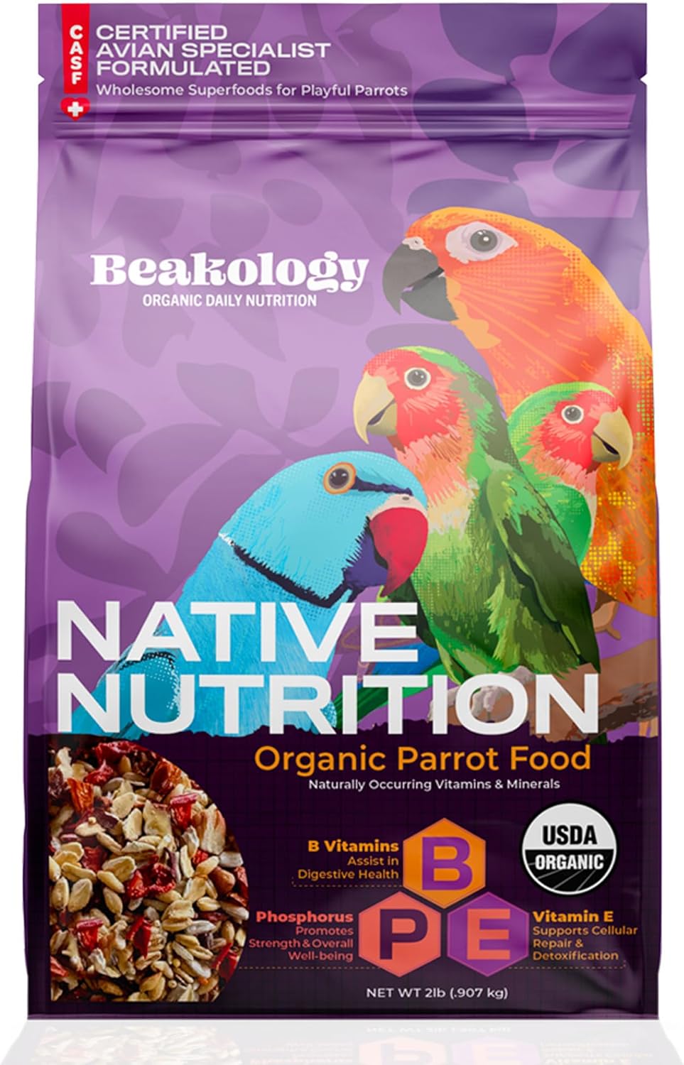 Native Nutrition Organic Parrot Food, USDA Certified, Non-GMO, for Small and Medium Parrots, 2 lbs