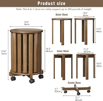 Round Stackable Stools Set of 4 Bamboo 4-in-1 Nesting Stools with Wheels Stacking End Tables for Kitchen Living Room Bar No Assembly Required,Walnut