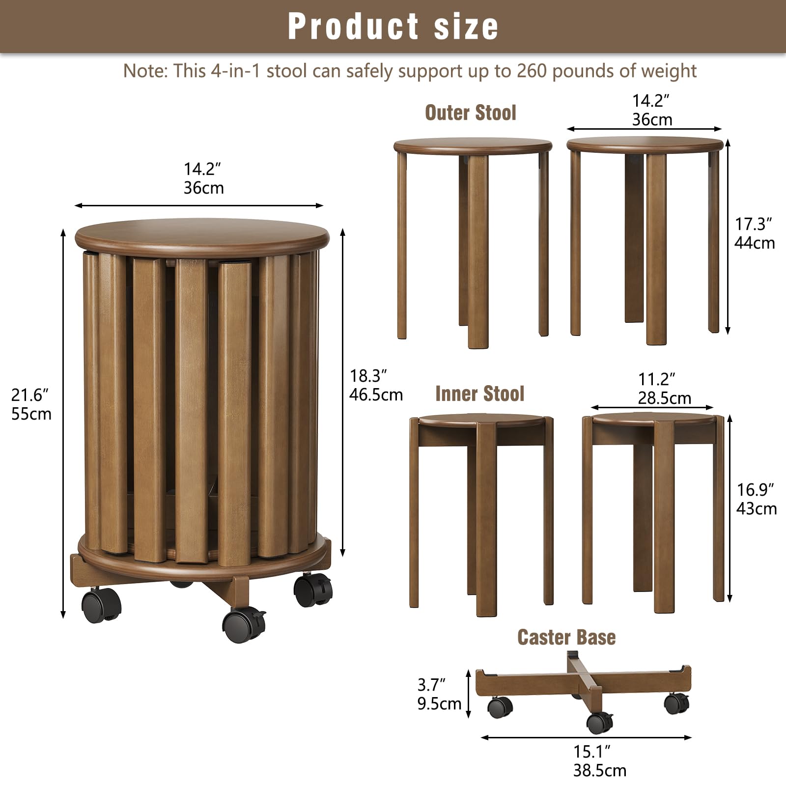 Sgabello impilabile in bambù con ruote, set 4-in-1, sgabello, tavolino e sedia, altezza 46 cm, per sala da pranzo, senza montaggio, per cucina, soggiorno, camera da letto, noce