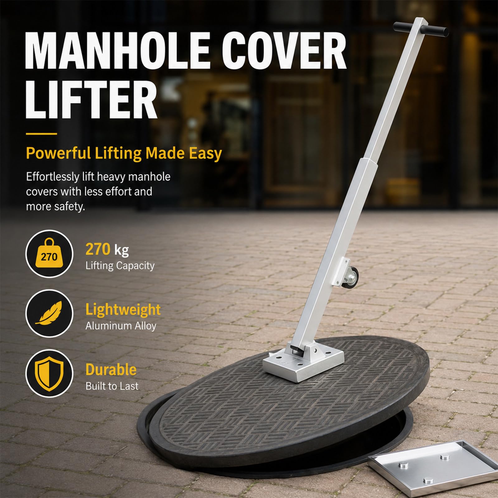 Sollevatore magnetico per tombini con ruote, forza di trazione 595 libbre | Estrattore per coperchi di tombini con maniglia telescopica, sollevamento magnetico da 270 kg per coperchi in ghisa