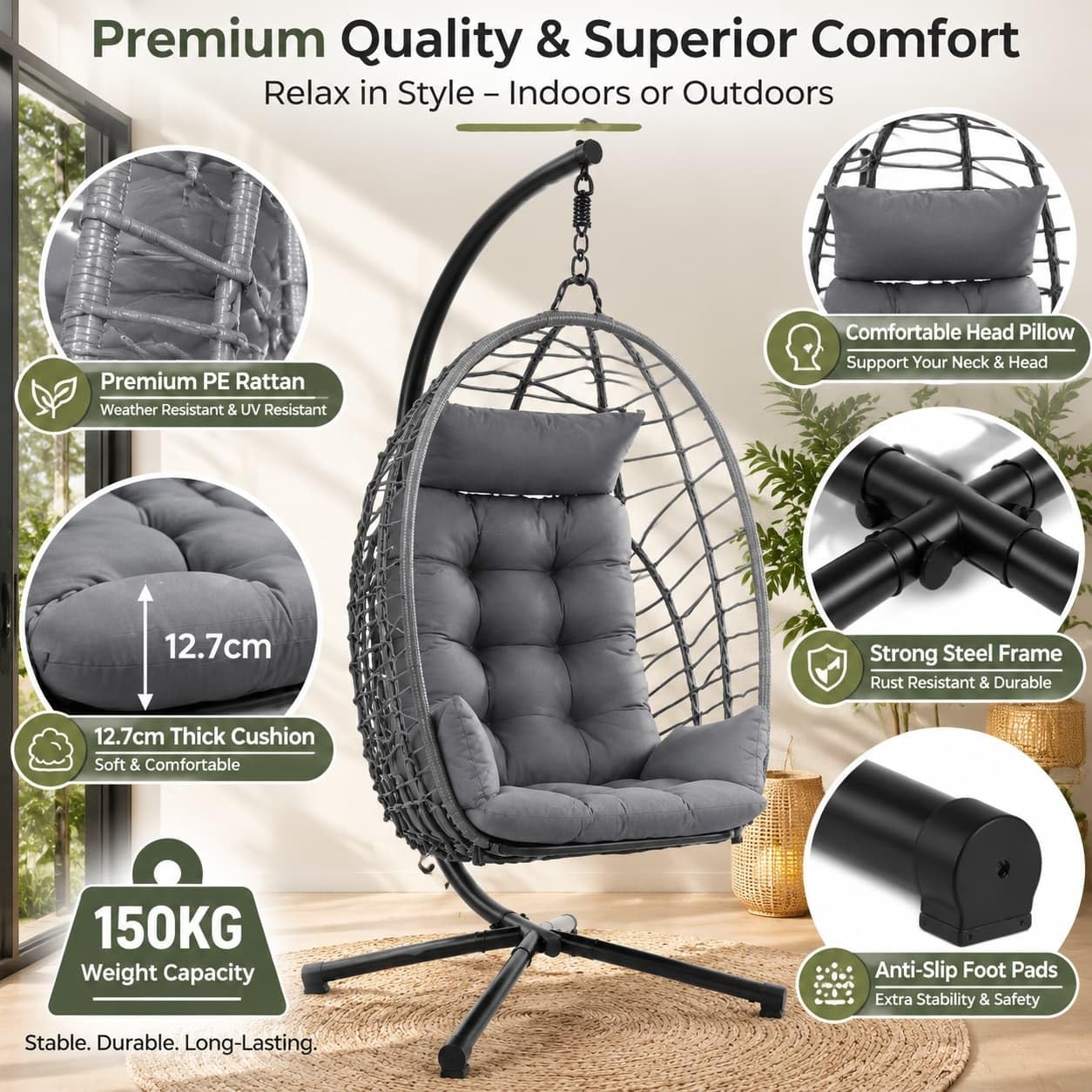 IDEALHOUSE Ei-Hängesessel grau aus Polyrattan mit Stahlrahmen – faltbar, wetterbeständig, bis 150 kg, inkl. schwarzer Schutzhülle – für Garten, Balkon, Terrasse & Indoor