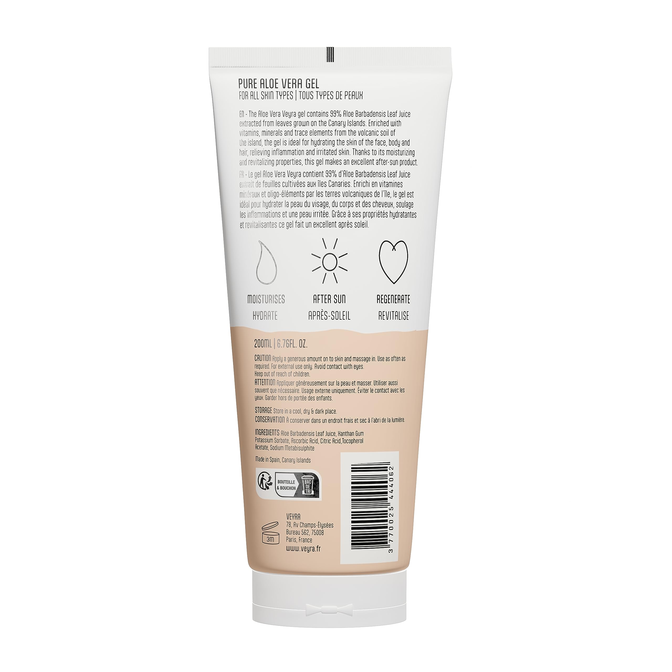 Gel Aloe Vera Natif 99% Veyra 200 ml Sans Parfum Visage, Cheveux et Corps : Hydrate, Apaise, Régénère, Anti Acné, Après Soleil. Soin Pur 100% Naturel des îles Canaries