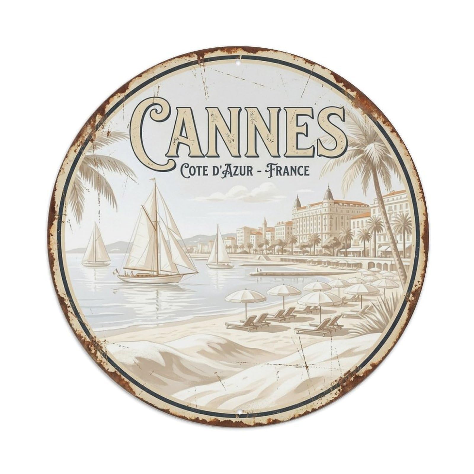 Sandy Beach of Cannes Coastal Travel Vintage Metal Tin Sign