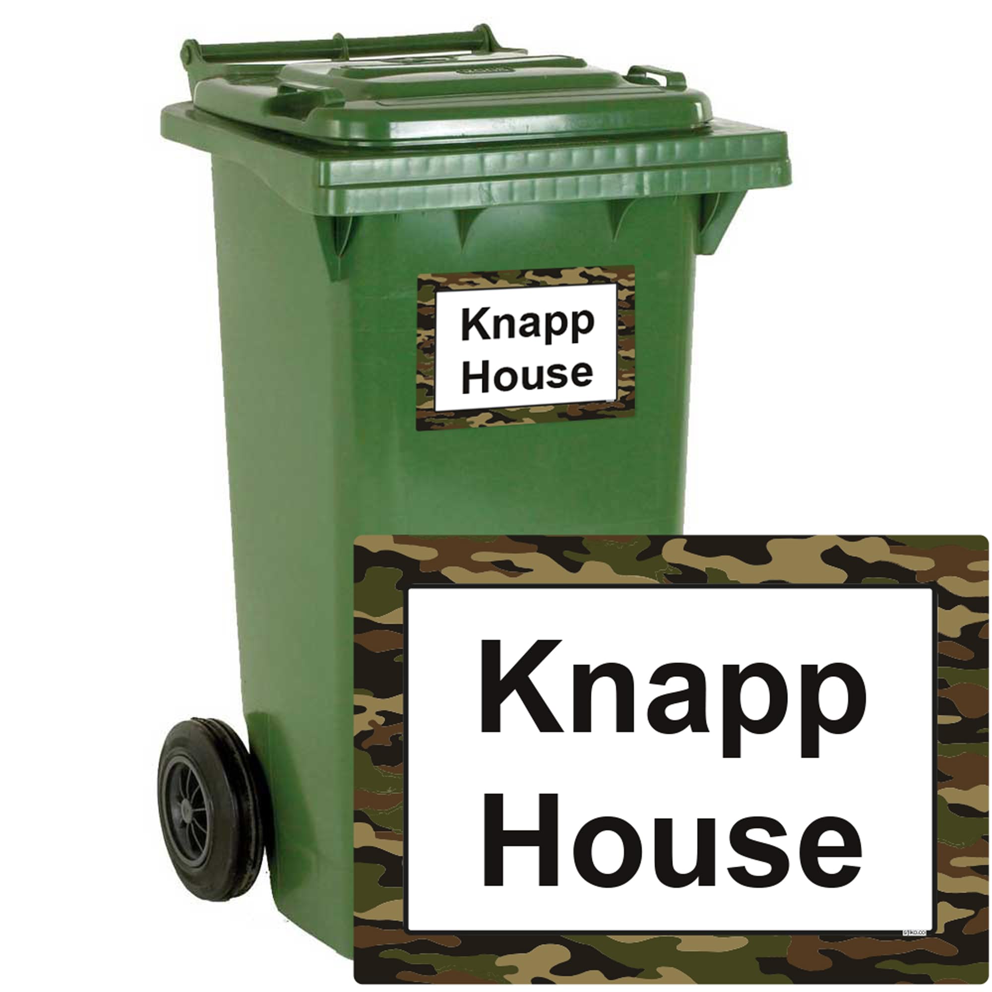 Stika.co Laminated Vinyl Pack Of 4 Personalised Green Camouflage Print Wheelie Bin Stickers, House Number And Street Name For Bin Containers (A5-210 X 148Mm, )