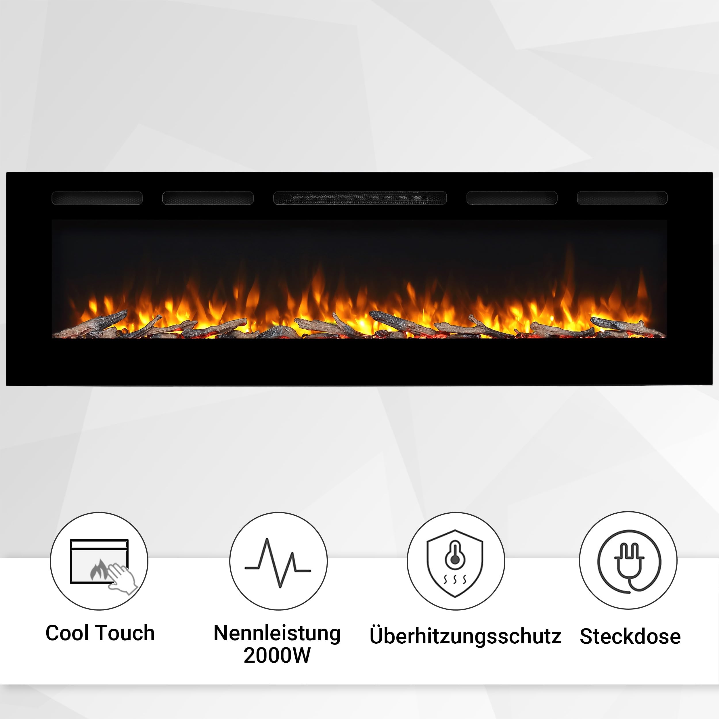 BALDERIA Elektrischer Einbaukamin Fiamma 68" Schwarz | 3D-Flammeneffekt, Heizung 2000W, LED-Beleuchtung, Kamin mit Fernbedienung, Timer, Startsteuerung & Thermostat