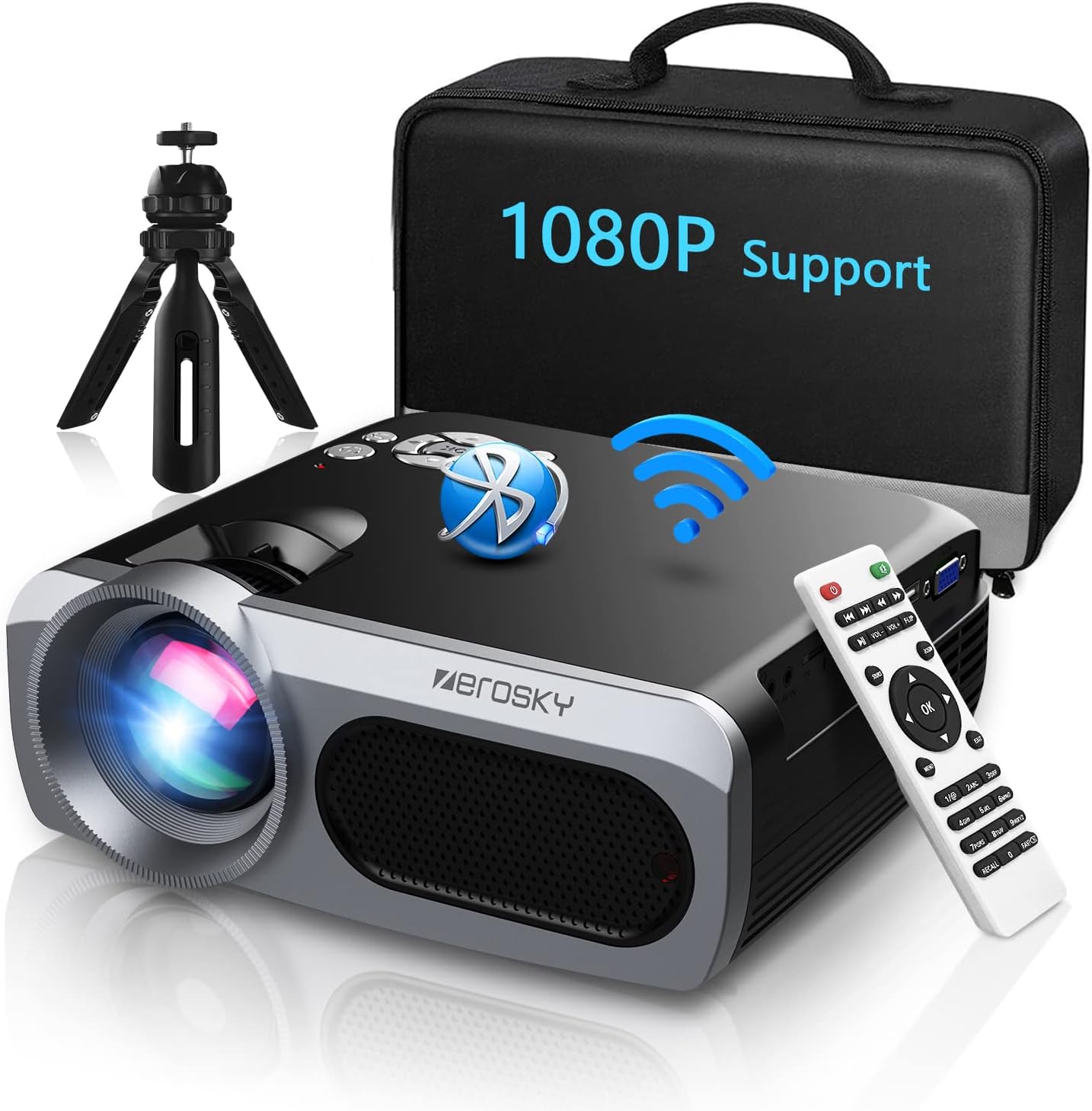 WiFi Bluetooth Projector, ZEROSKY 8000L HD Video Projector, 1080P and iOS/Android Supported, Portable Home Movie Projector Compatible with PC/PS4/TV Stick