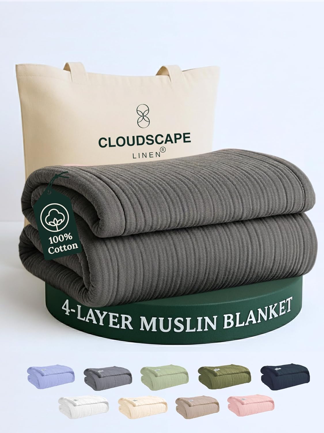 Cloud Scape Linen 4 Layer Oversized Muslin Blanket King Size - 100% Cotton, Lightweight & Breathable All Season Blanket for Bed, fits California King, 92x108, Dark Grey