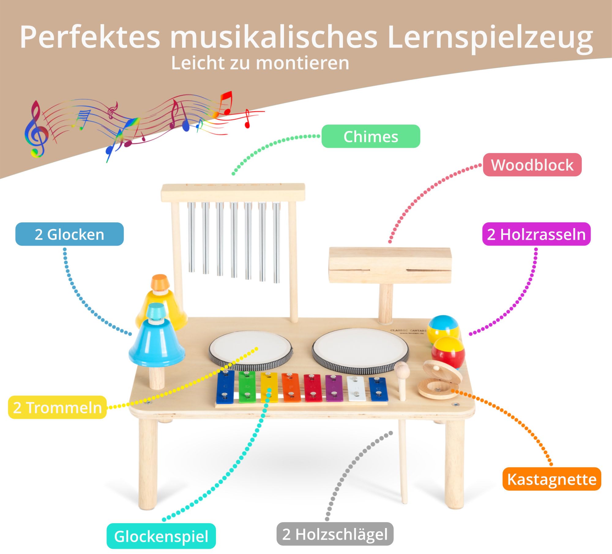 Classic Cantabile MT-121 12 en 1 Mesa de Percusión Musical, 5 cm, Peso: 1 | Hecho de madera sostenible con superficies extra suaves para máxima seguridad, Certificado según EN 71, 5 cm, 875 kg