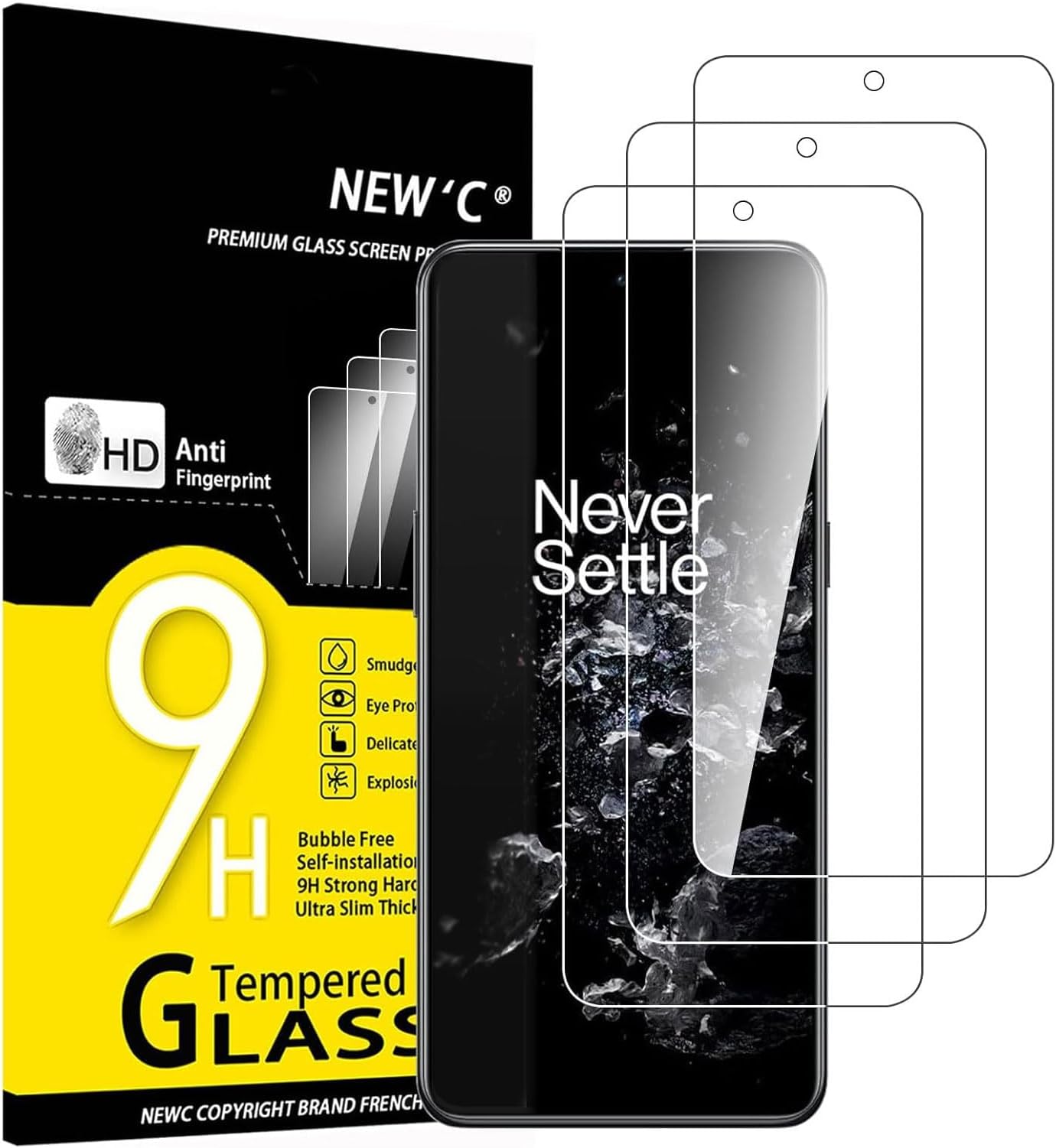 NEW'C 3 Pack, Screen Protector for OnePlus 10T 5G (6.7 Inch), Tempered Glass Screen Protector Film 0.33mm ultra transparent, ultra resistant