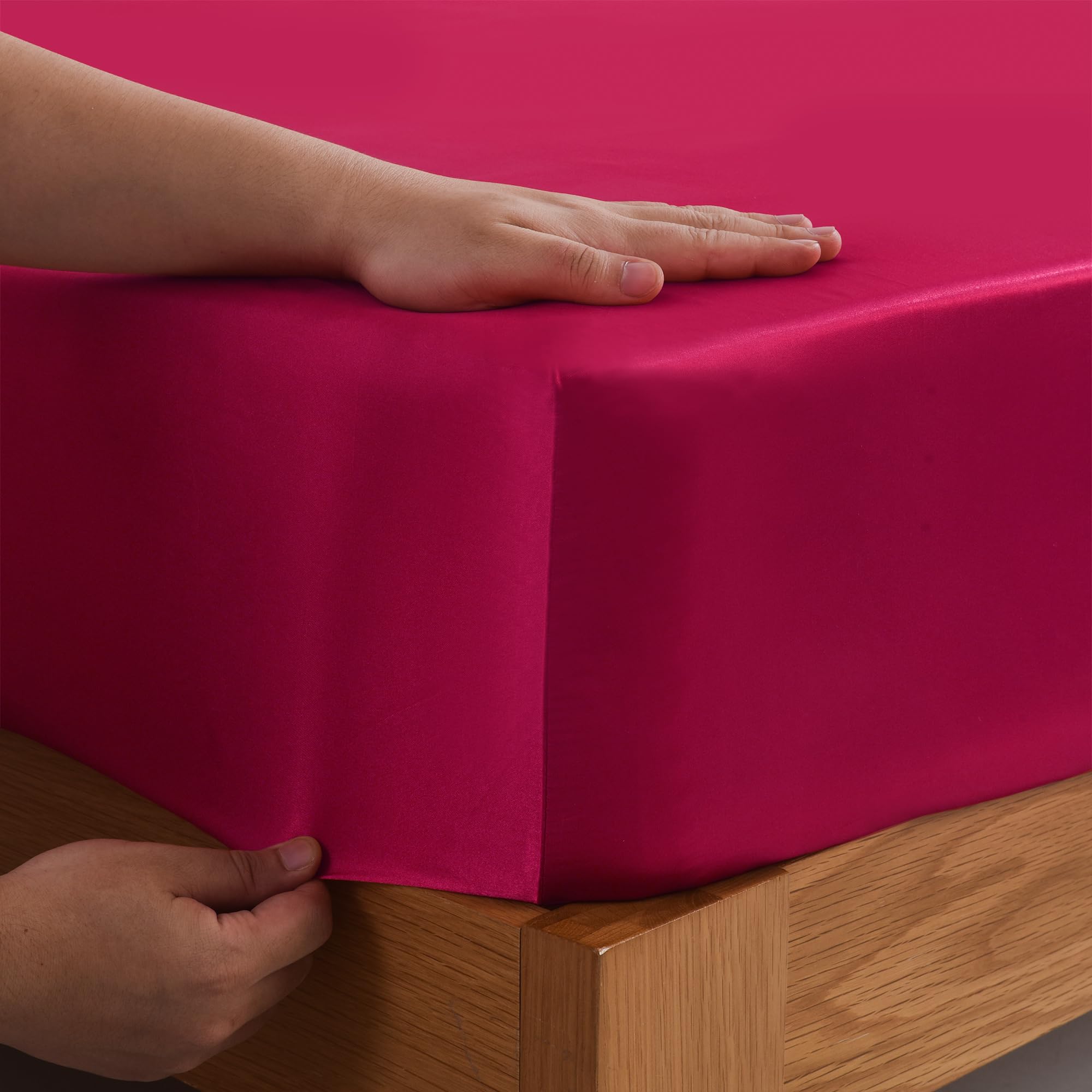 ROOEE Satin Silk Fitted Sheet with Pillowcase Set Breathable Soft Bedding Brushed Fabric Wrinkle - Image 3