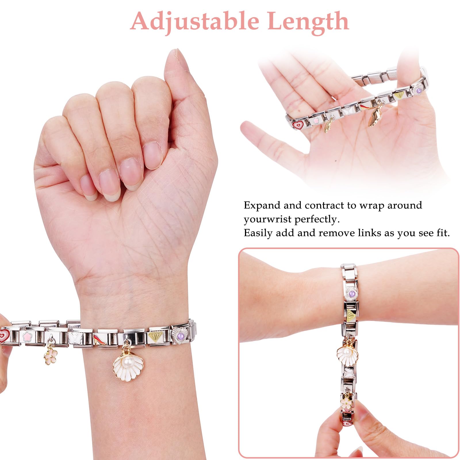 POFIBO Italian Charm Bracelet - 8 Charms con Herramientas de Apertura, 9 mm Módulo de Acero Inoxidable Extraíble, Pulsera Italiana para Amigas Madres