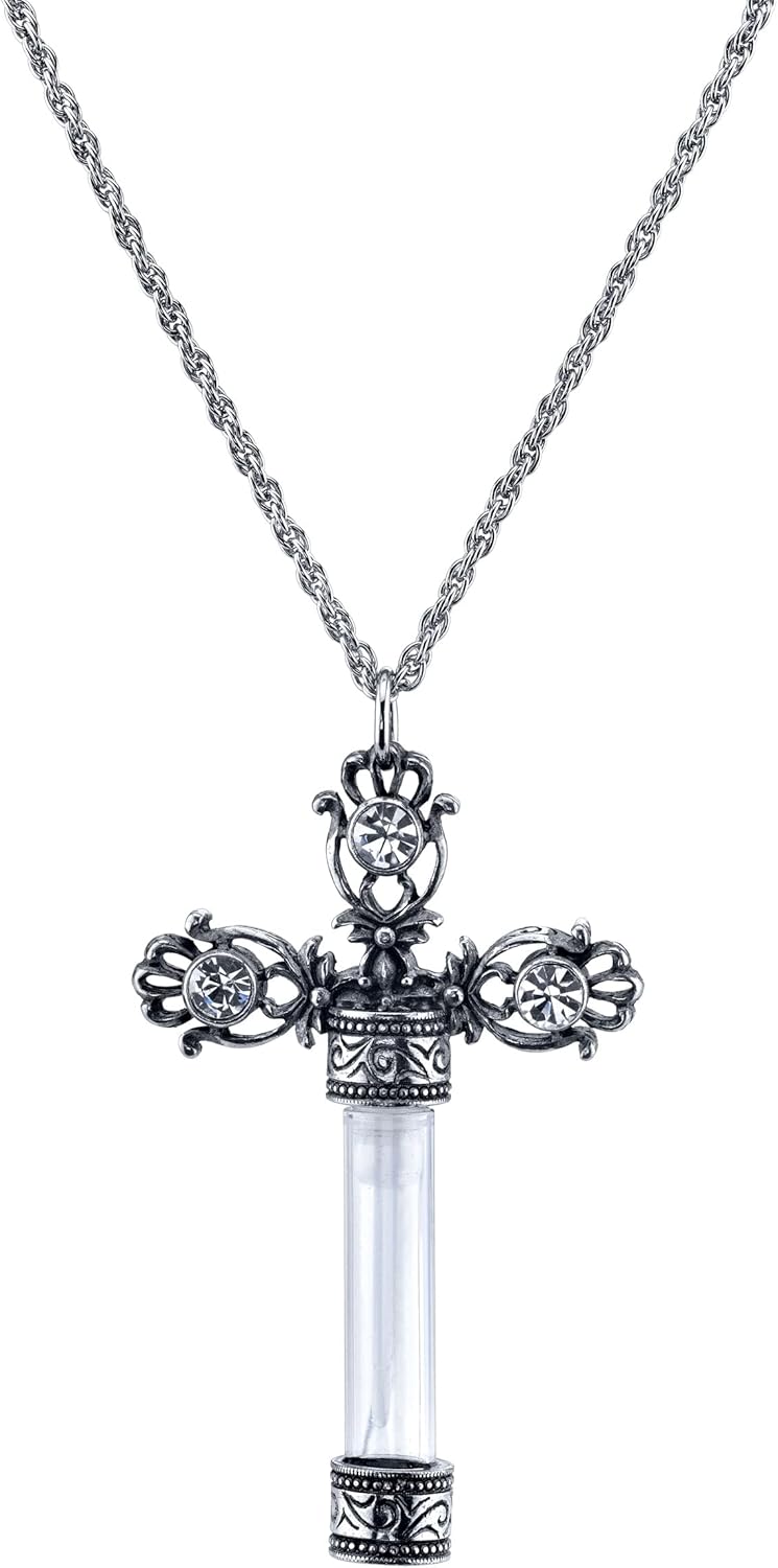 1928 Jewelry Crystal Cross Vial Pendant Necklace For Women 30", Perfect Keepake For Essential Oils, Cremation Ashes, Sand, Locks Of Hair