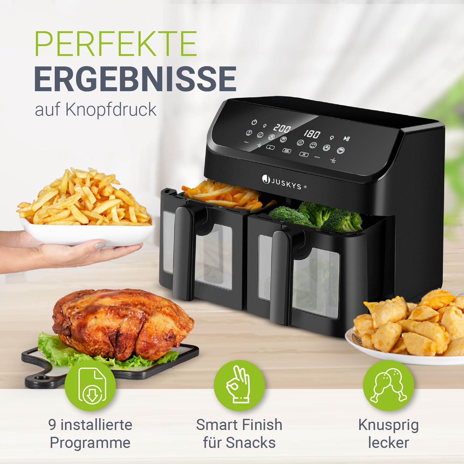 Juskys® Airfryer 9 L Doppelkammer - Heißluftfritteuse 2 Kammern, 9 Programme, beschichtet, XXL Fritteuse