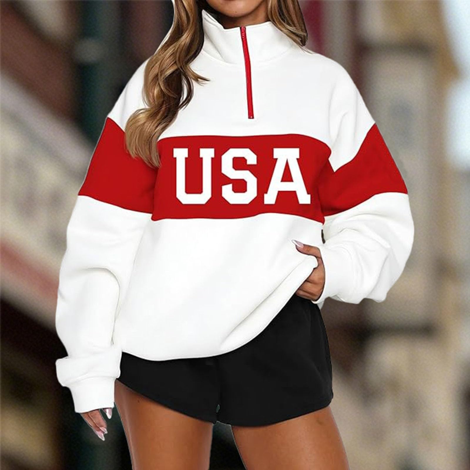 Sudadera Informal de Media Cremallera con Estampado de la Bandera Nacional para Mujer