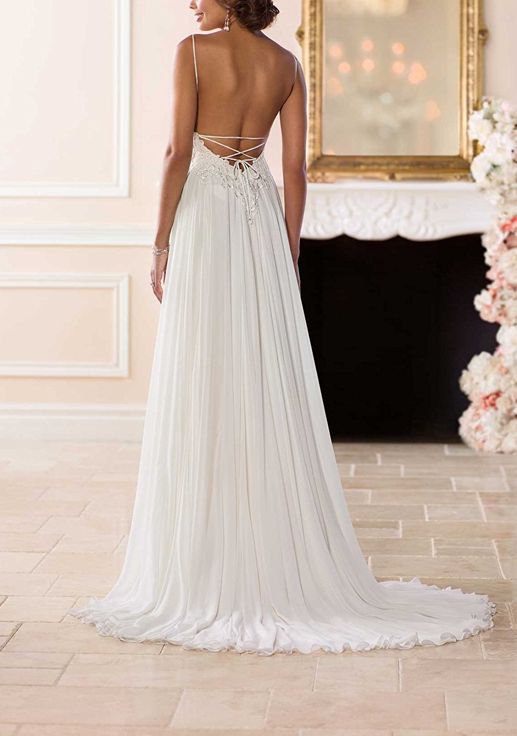 Elegantes Chiffon-Brautkleid mit Spaghettiträgern und Spitze, langes Abendkleid, Elfenbein, Größe 40/46