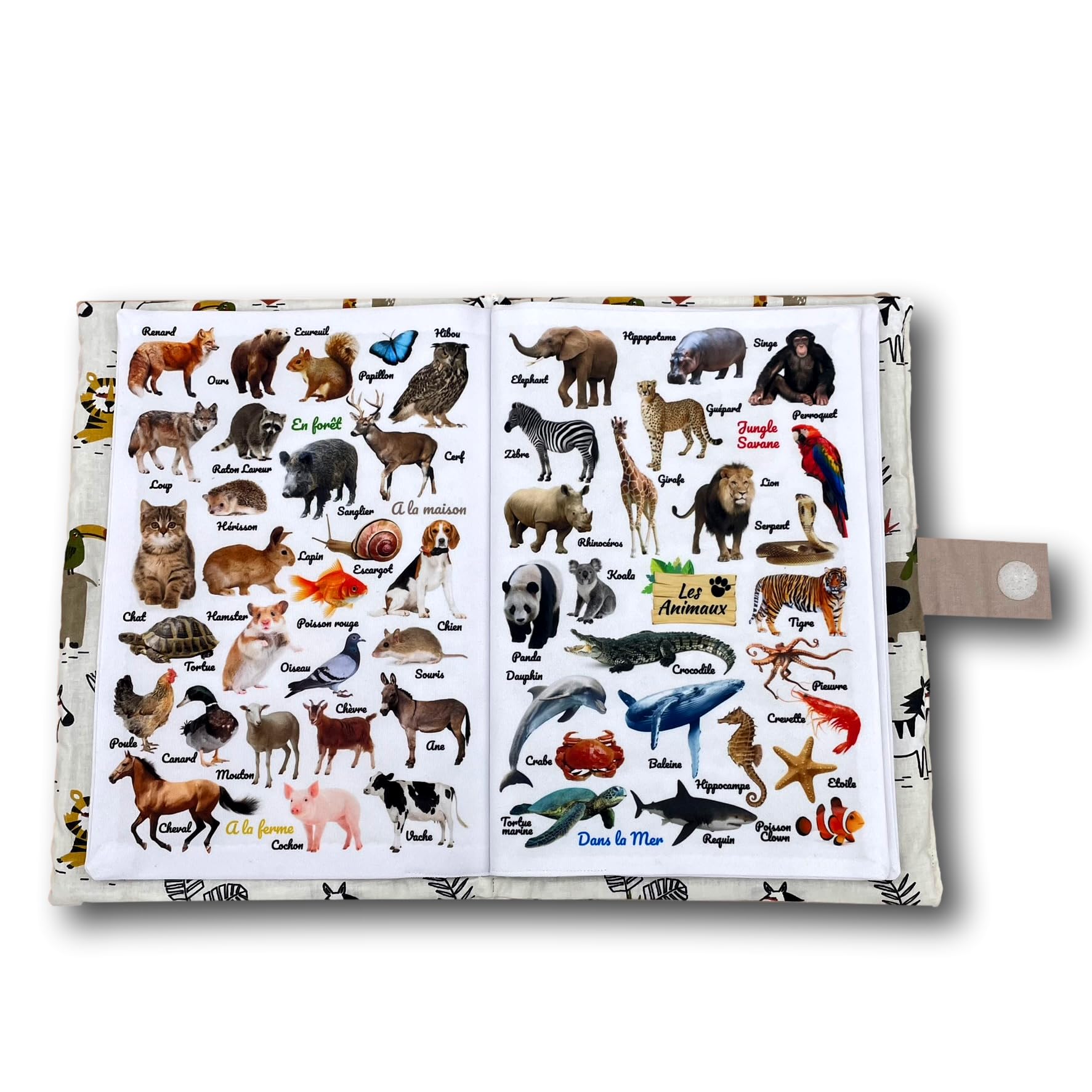 Livre d'éveil éducatif en tissu imagier photo Format A4 couverture savane, thèmes animaux, repas, véhicules, couleurs et mots