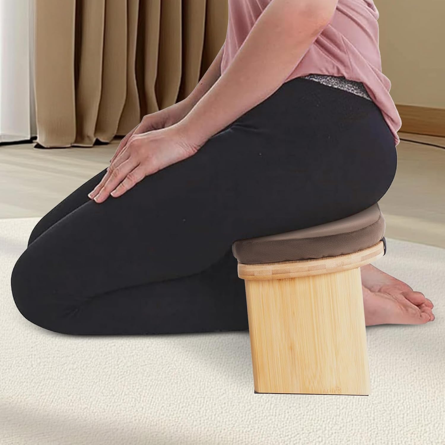 Meditation Prayer Bench, Portable Foldable & 5° Ergonomic Tilt Kneeling Meditation Yoga Stool with Cushion & Carry Bag for Home/Studio/Gym, Bamboo & Velvet Kneeling Stools (Coffee)