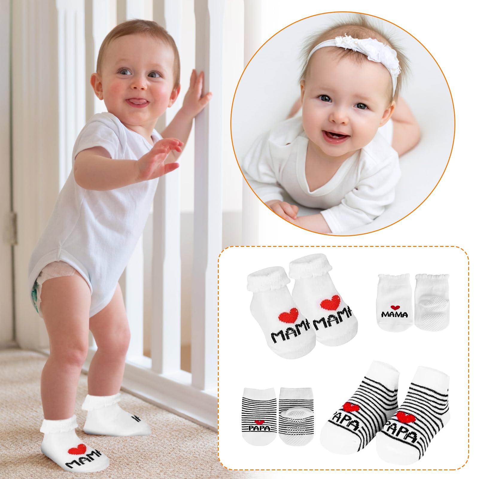 Baby Socken 0-6 Monate, 2 Paar Baumwolle Anti Rutsch Socken, "Ich Liebe Mama + Ich Liebe Papa" Muster, Ideal für Neugeborene