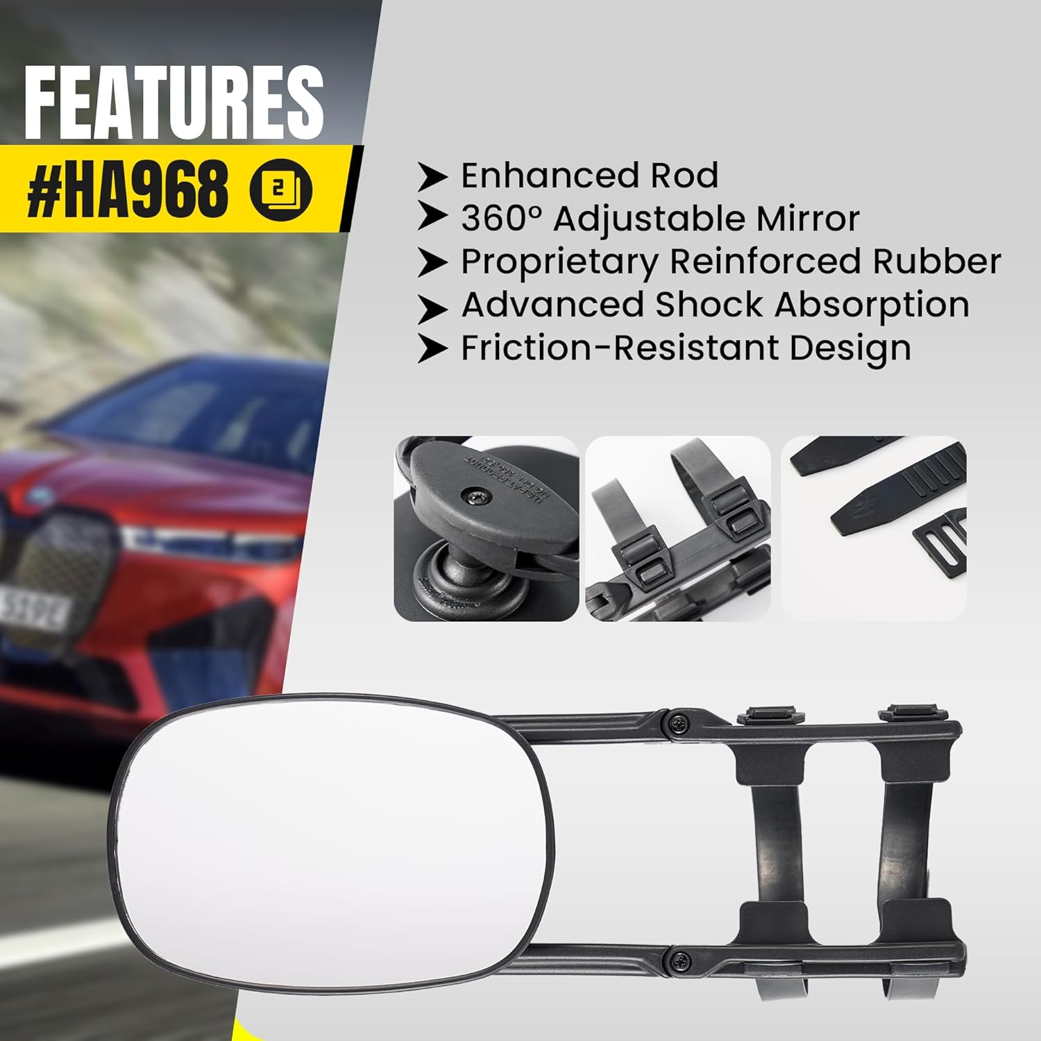 Extended Towing Mirrors V2, Universal Clip-On Tow Mirror Extensions with Upgraded Thick Straps, Enhanced Stability & Wider Fit for Pickups, SUVs, RVs, and Trailers (Model HA968 V2)