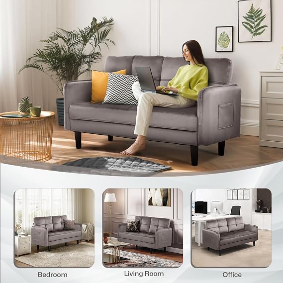Hello-5ive Modern 2 Seater Sofa, 148cm Velvet Small Sofa Couch with Spring Cushion and Storage Pocket, Comfy Upholstered Loveseat for Living Room, Bedroom, Apartment, Grey