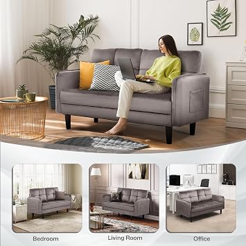 Hello-5ive Modern 2 Seater Sofa, 148cm Velvet Small Sofa Couch with Spring Cushion and Storage Pocket, Comfy Upholstered Loveseat for Living Room, Bedroom, Apartment, Grey