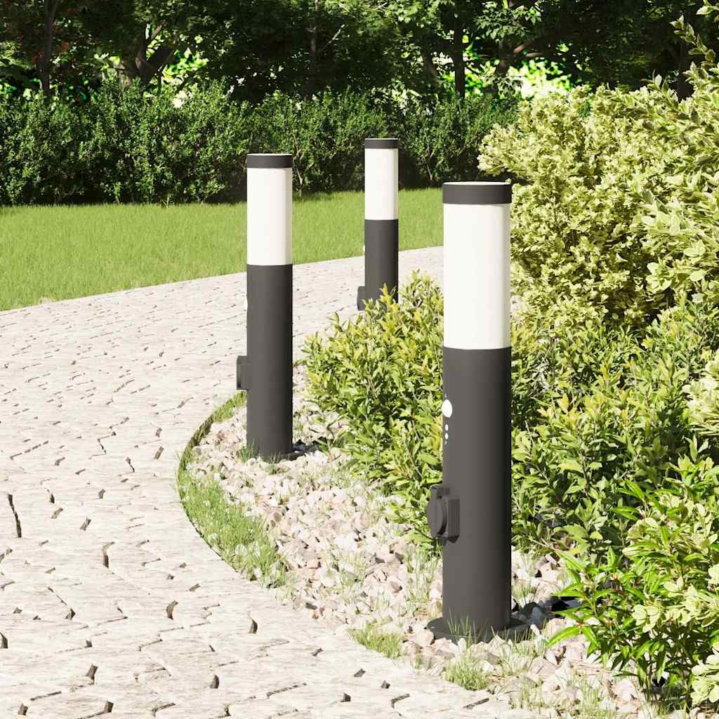 Set di 3 lampade a colonna con sensore e presa, 50 cm, in acciaio inox, IP44, per terrazza, giardino, con sensore di movimento e diffusore, moderna lampada a LED per soggiorno, camera da