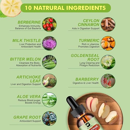 Miniatura 3 de Suplemento de berberina HCL  Gotas líquidas de berberina con cúrcuma, melón amargo, cardo mariano, canela de Ceilán, suplemento vegetal de berberina