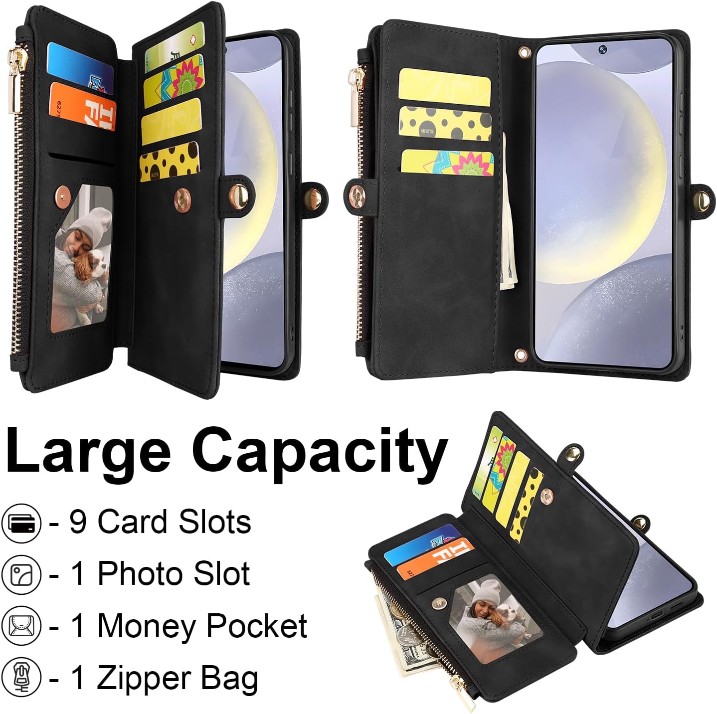 ELESNOW Wallet Samsung Galaxy S24 Plus Case for Women Men, PU Leather with Card Holder [RFID Blocking] Wrist Strap Crossbody Zipper Stand Magnetic Flip Phone Case Cover for Samsung S24 Plus, Black