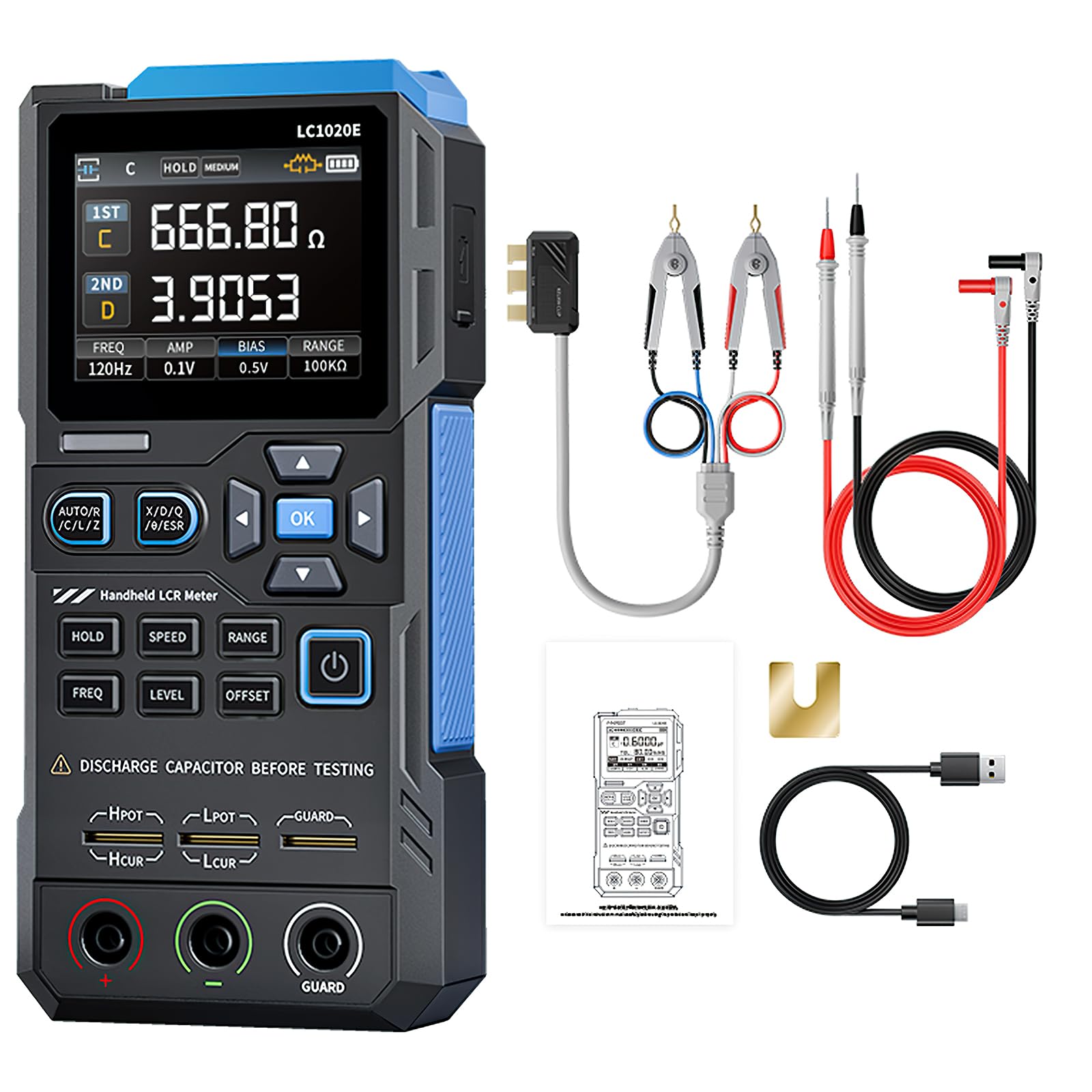 LCR Messgerät, LCR-Meter Digitalbrücke Einstellbare Frequenz 100 Hz -100 kHz ESR Tester LCR Meter mit LCD-Display für Widerstandskapazität Induktivität Messung