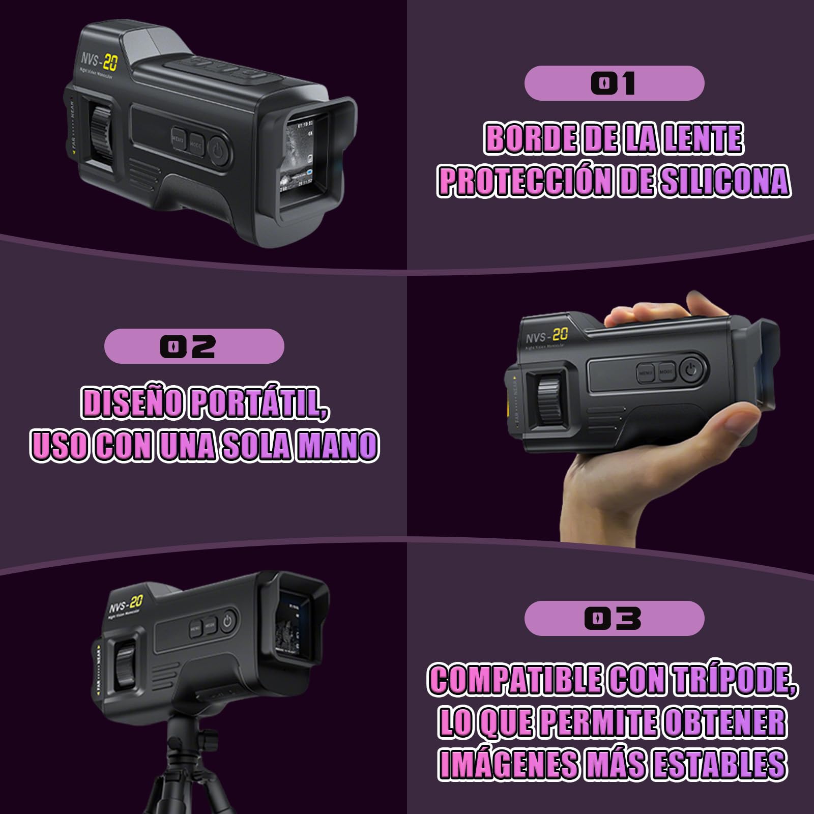 NVS-20 4K 36MP Monocular Vision Nocturna para Adultos, Zoom 6X Visor Nocturno con IR 850nm 7 Niveles, Pantalla de 1,54", Batería 18650 Extraíble, Tarjeta 32GB, para Exteriores, Camping