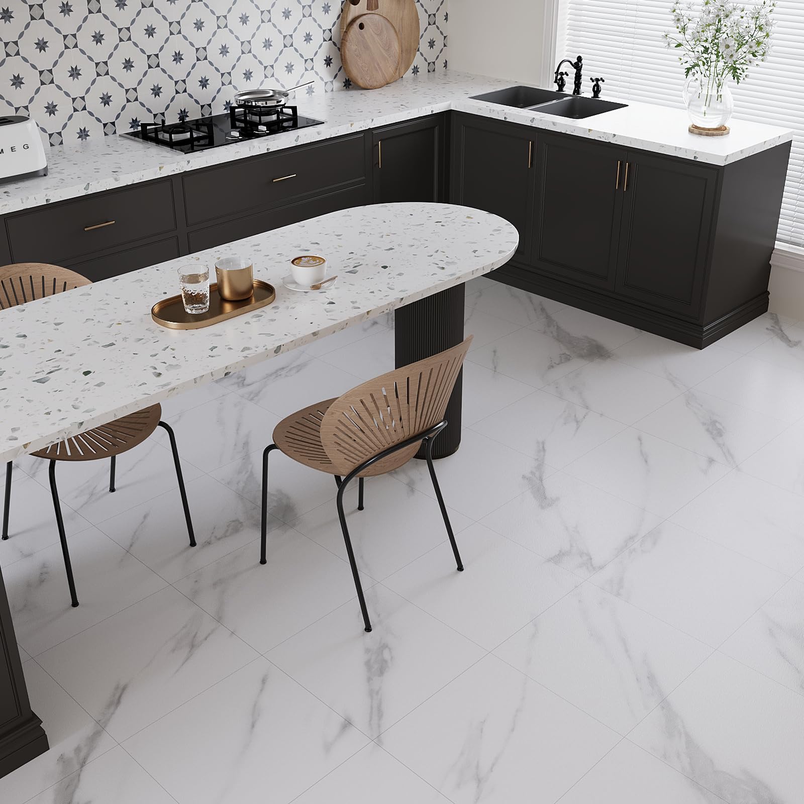 Pavimento Adesivo Marmo Bianco - 12 Piastrelle 30x30cm, Spessore 1.5mm | Impermeabile Per Cucina, Bagno - Foto 5