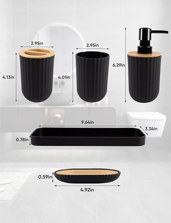 SMUFFBUQ 5pcs Bathroom Accessory Set,Black Bathroom Set, Bamboo Soap Dispenser & Toothbrush Holder,Soap Dish by SMUFFBUQ - Image 2