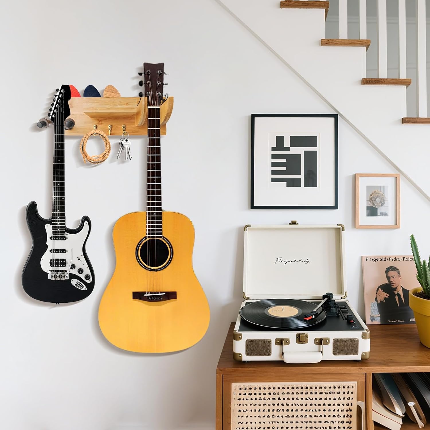 Bamboo Guitar Wall Mount - Guitar Shelf Hanger with 3 Hooks and Pick Holder, Wooden Guitar Hangers Rack for Acoustic, Electric, Bass, Ukulele, Guitar Accessories