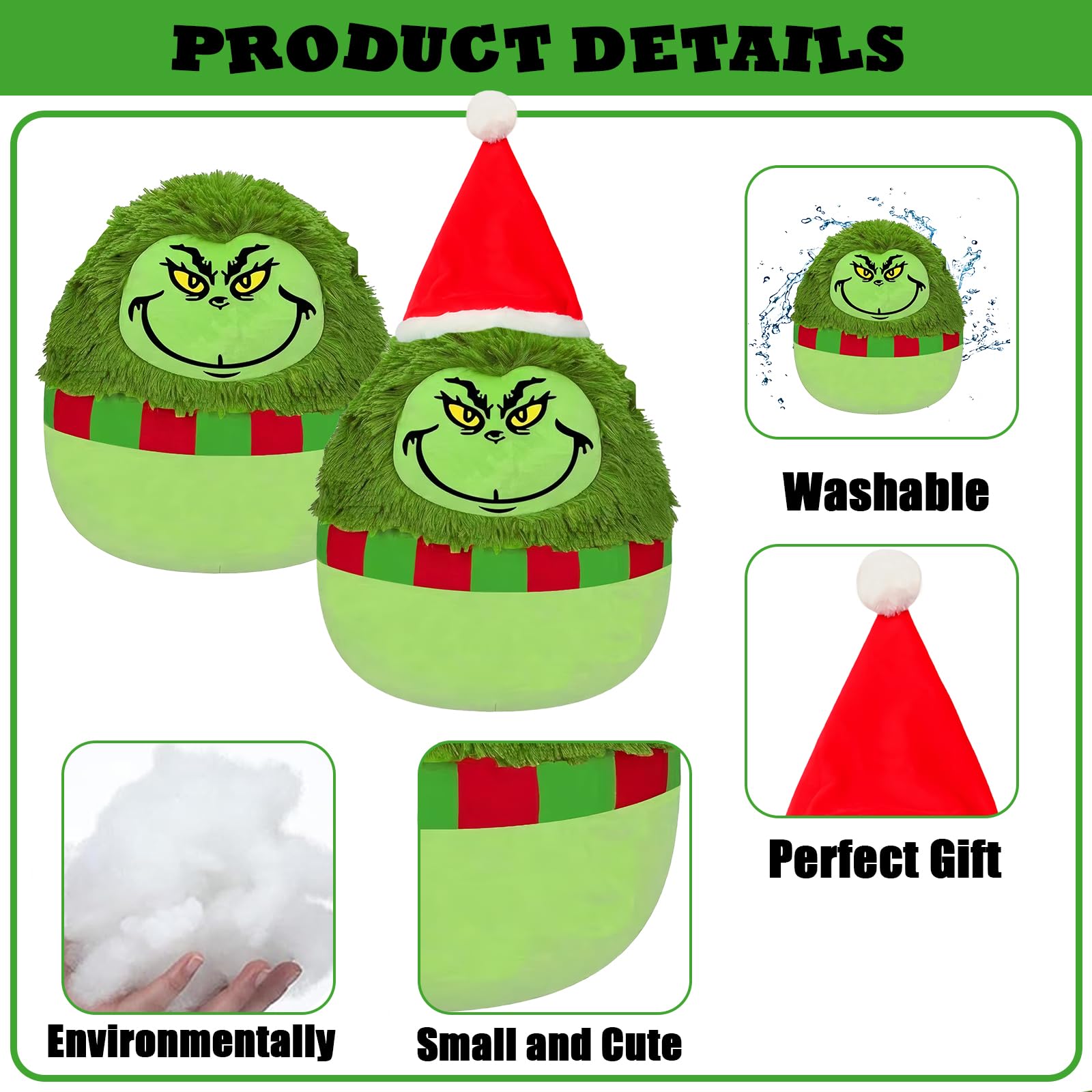 9.8" Cute Christmas Grinch Soft Plush Toy, Xmas Grinch Plush Pillow, Squishy Cotton Plushies Doll - Image 3