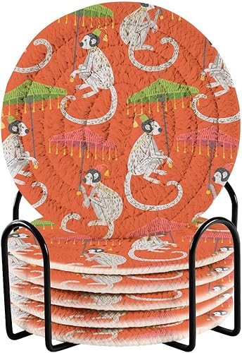 innewgogo Monkeys Chinoiserie Style - Juego de 6 posavasos absorbentes para protección de mesa, hechos a mano, redondos, tejidos, con soporte y