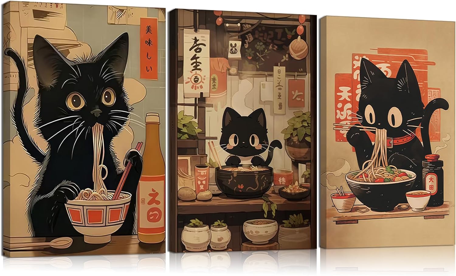 3Pcs Japanese Black Cat Canvas Wall Art Vintage Cat Eating Ramen Posters Prints Edo Period Ramen Pictures Japan Kitchen Painting Unique Wall Decor for Dining Animal Lover Gift 24x16in Unframed
