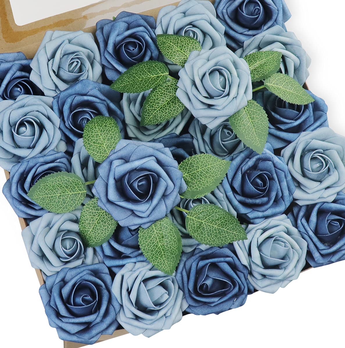 50pcs Artificial Flower，Real Touch Foam Roses w/Stem DIY for Wedding Bouquet Centerpieces Party Shower Home Decor-Dusty Blue Shades